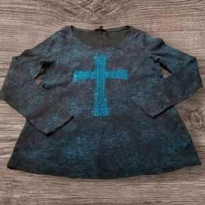 ROCK & REPUBLIC BLUE/BLACK LONG SLEEVE TOP - LARGE